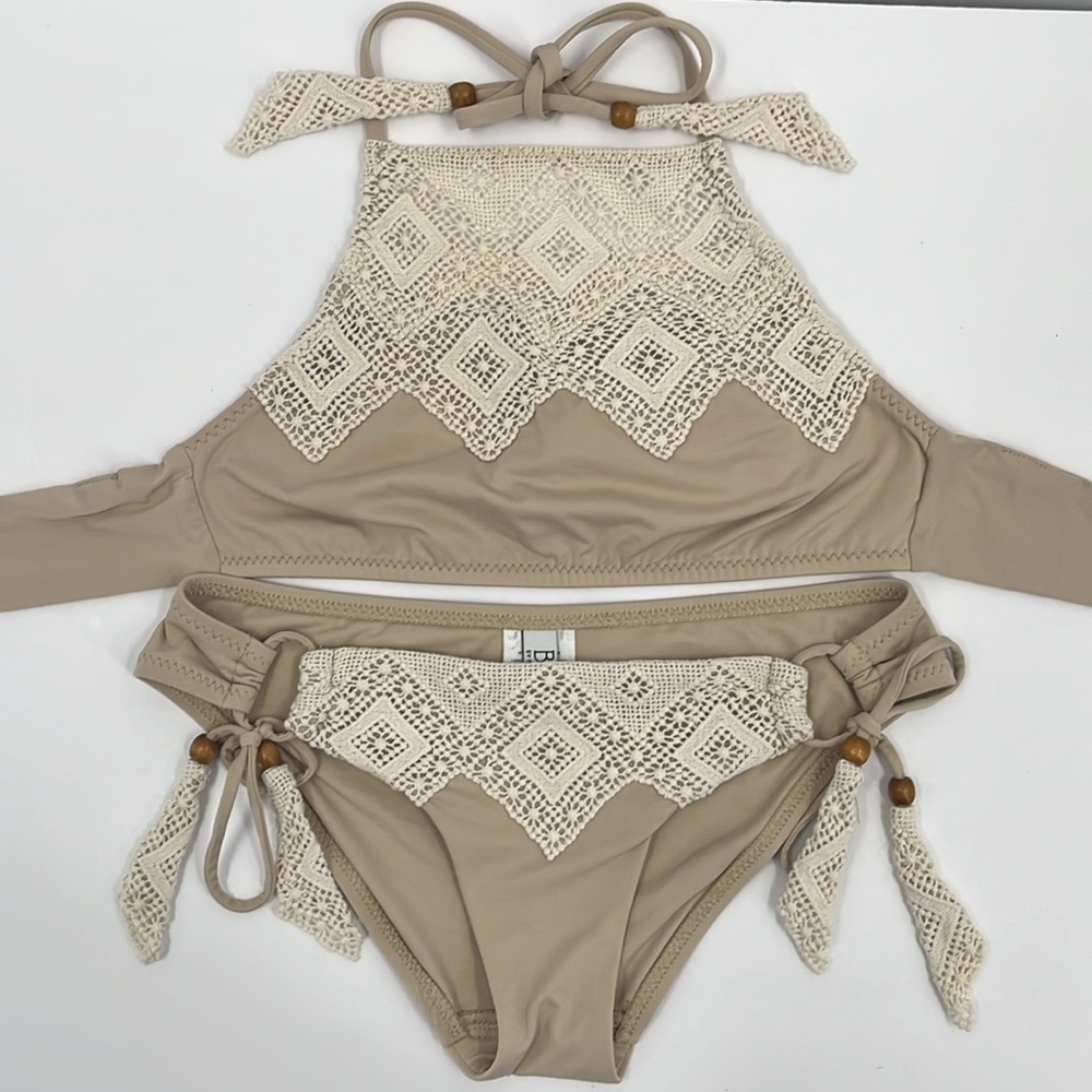 BECCA Bikini Set High Neck Crochet Lace Beaded Boho Nude Beige Tan Cream Sm/XSm